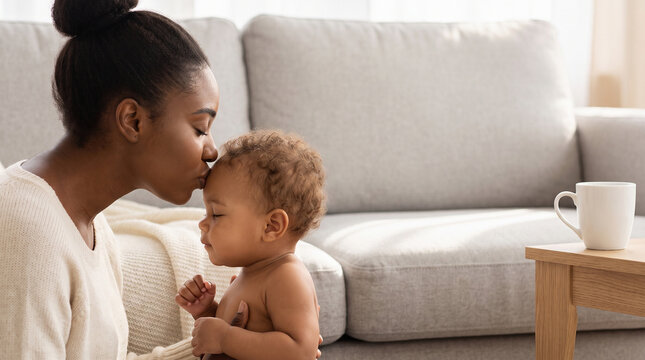 Loving African American mother kissing baby forehead at home, gentle moment of black mom cuddling her infant child in living room, motherhood concept for family care and lifestyle