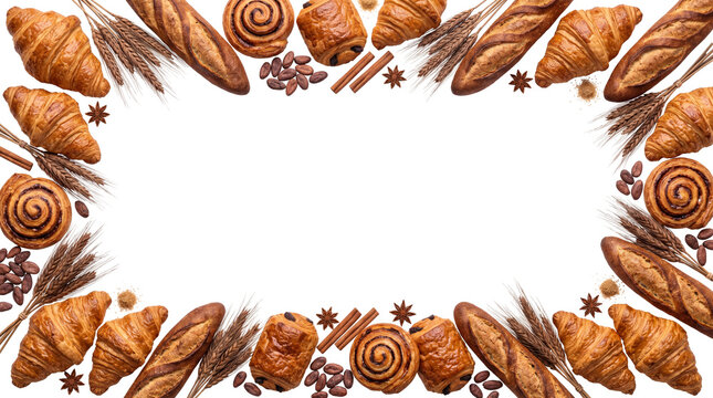 Fresh Bakery Goods Frame with Croissants Baguettes and Cinnamon Rolls on Black Background. Professional Pastry Border for Menu Design and Food Advertising with Center Copy Space.