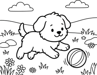 Obraz premium Cute cartoon puppy playing with a ball in a park coloring page for kids
