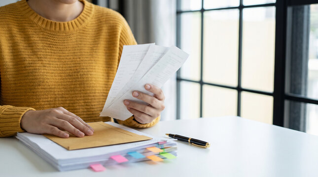Woman checking receipts and financial invoices at white desk, closeup of hands calculating expenses, managing personal budget, and planning household accounting with documents