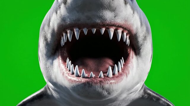 Aggressive Great White Shark Swimming and Biting on Green Screen