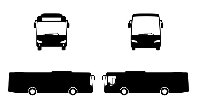 Detailed black silhouette vector icons showing multiple bus views and angles