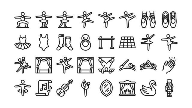 Collection of ballet dance icons and symbols isolated on transparent background