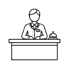Fototapeta premium Hotel Receptionist Line Icon with Front Desk Service Bell and Name Badge 