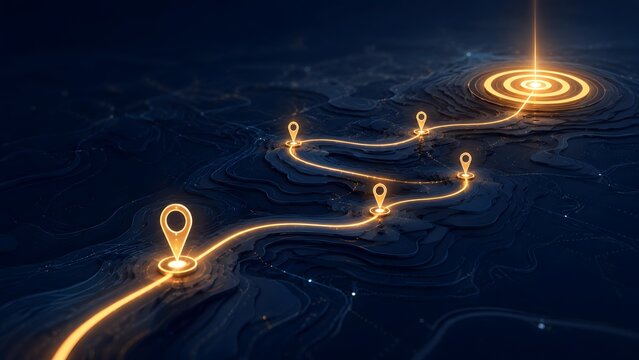 Digital Tech Terrain Map With Glowing Winding Route Leading To Target Goal Hub