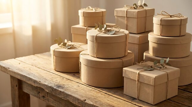 Stack of round brown paper gift boxes with rustic string on a wooden table in a sunny room. plastic-free gift boxes