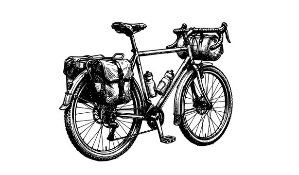 Vintage touring bicycle with saddle bags bedroll hand drawn black and white ink sketch vector illustration