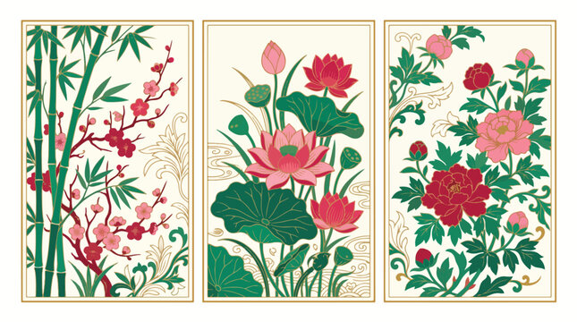 Floral vector illustration set featuring bamboo lotus and peony flowers in traditional elegant oriental style art