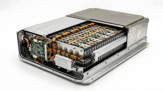EV battery pack interior with lithium ion cells, battery management system, electrical wiring and protective housing for electric vehicle technology