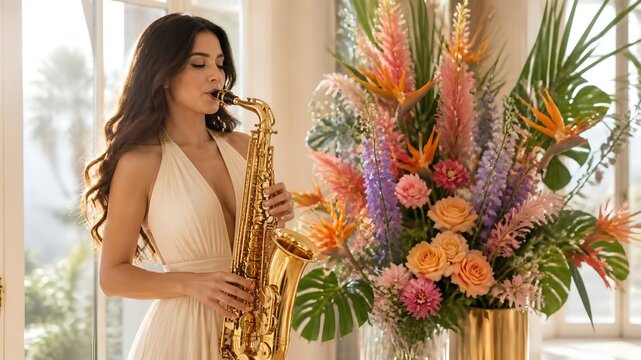 Elegant Female Saxophonist Performing Beside Colorful Tropical Flowers