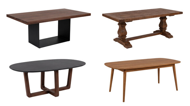 Modern and Rustic Wood Dining Table Set Collection Featuring Industrial Trestle and Scandi Style Designs Isolated on Black for Furniture Catalog and Interior Product Mockup
