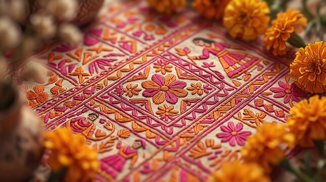 Traditional embroidered pink and orange textile decorated with vibrant marigold flowers for religious festival celebration