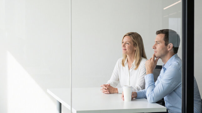 Business partner listening to presentation behind glass wall, serious man and smiling woman looking away at white office desk in modern conference meeting room, copy space background