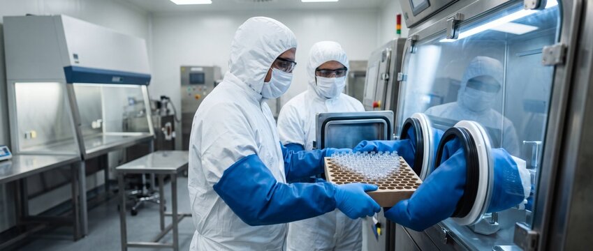 Two scientists in sterile cleanroom suits operating glovebox isolator. Biotechnology researchers working in hazardous containment facility. Pharmaceutical sterile packaging. Banner, copy space.