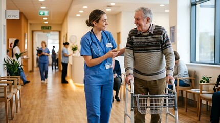 Fototapeta premium Caring nurse assists elderly man with walker in hospital hallway