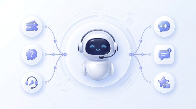 Cute chatbot assistant character wearing headset surrounded by various digital support icons in clean minimalist 3D render style for customer service automation and tech interface concept design