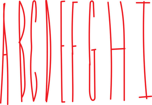 Red hand drawn alphabet letters A to I with tall thin artistic typeface for creative text layout.