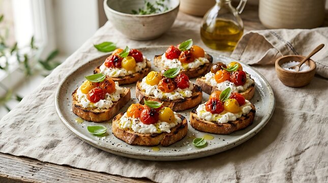 Fresh bruschetta with cherry tomatoes and cream cheese on a plate for a healthy snack or appetizer. Bruschetta variations