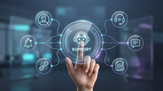 Human hand interacting with support focused artificial intelligence robot hologram featuring communication and customer service icons for digital business help desk solutions