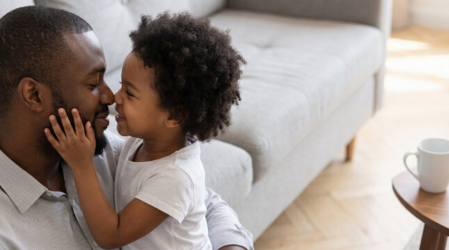 Happy African American father touching noses with his cute little daughter at home, joyful black dad smiling and bonding with child in living room, loving family care concept