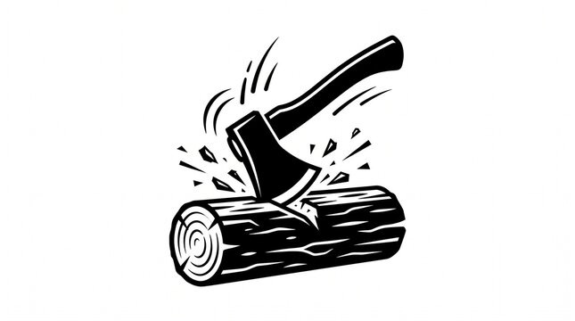 Hand Axe Chopping into Wooden Log Illustration
