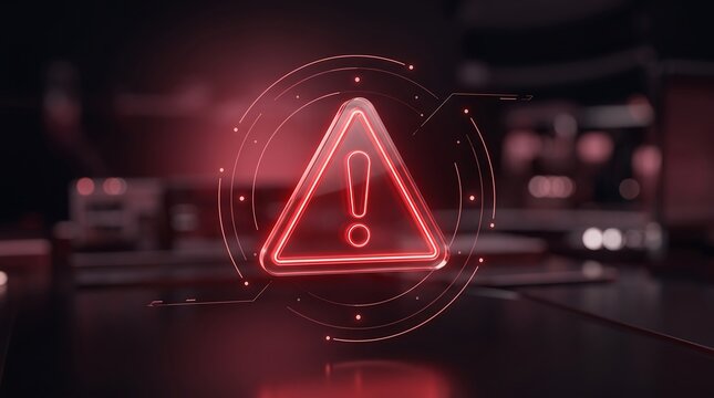 Glowing red warning triangle icon with digital data rings floating in dark environment representing cybersecurity alert and system risk notification concept for information technology