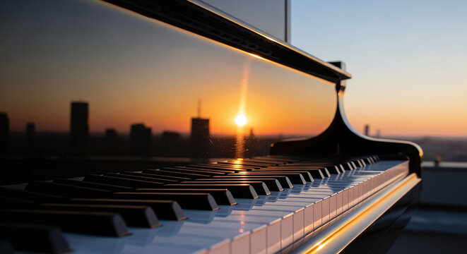 Close-up of grand piano keys with sunset cityscape reflection during golden hour, serene and artistic