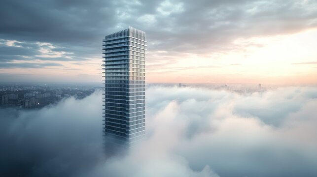 Elevated skyscraper above clouds