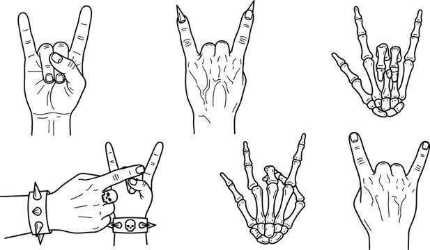 Rock and Roll Hand Gesture Icon Set Featuring Human and Skeleton Devil Horns Signs with Spiked Wristbands for Music Graphic Designs
