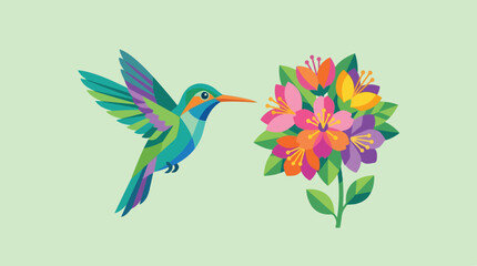 Fototapeta premium A vibrant colored hummingbird approaches a blooming cluster of tropical flora in a tranquil scene showcasing wildlife harmony and natural beauty for creative design projects across the globe