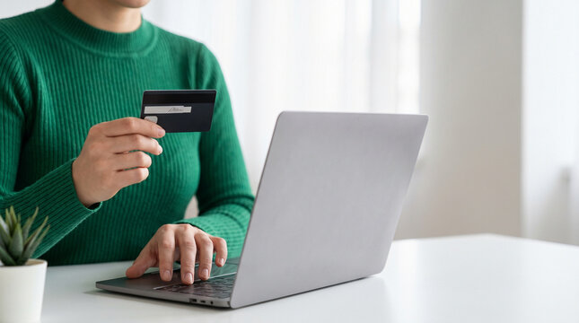 Woman in green sweater holding credit card and using laptop for online shopping, close up of female hands making secure digital payment transaction on white table, e-commerce