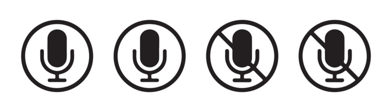 Round microphone and mute icons set for web interface design and communication application buttons.