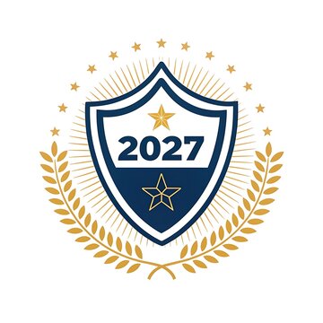Elegant 2027 new year shield badge framed with golden laurel leaves navy blue golden frame celebration corporate achievement identity