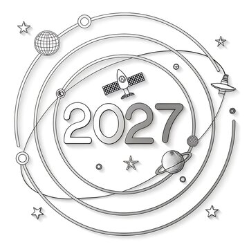 2027 space theme illustration with satellite and planetary orbits line art black and white outer space science fiction satellite
