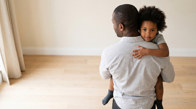 Rear view of African American father carrying and hugging his little daughter in empty room, cute black girl looking at camera over dad shoulder, family moving home concept