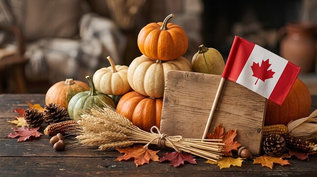 Canadian Autumn Harvest Display with Pumpkins and Wheat