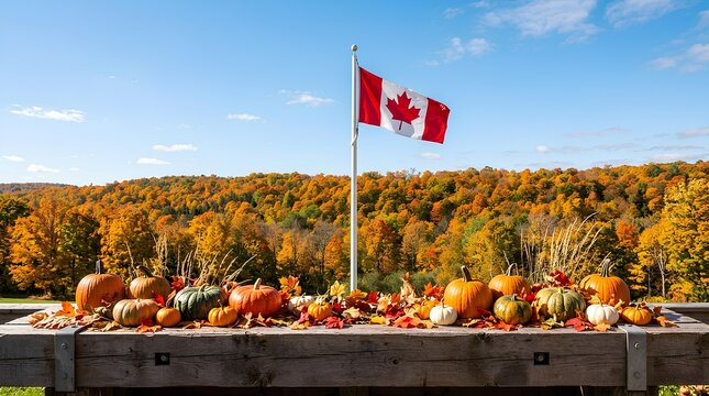 Canadian flag flying above a festive harvest of pumpkins and squash in autumn scenery.