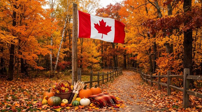Canadian flag flying in a beautiful autumn forest with pumpkins and fallen leaves.