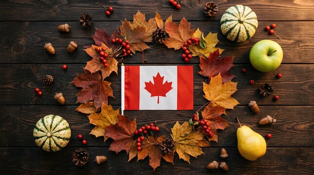 Canadian flag in an autumn leaf wreath with fruit on wood.