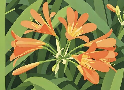 Vibrant orange clivia miniata flowers blooming among green leaves illustration