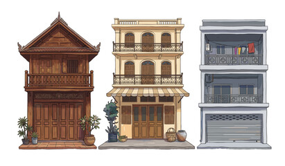 Obraz premium Exquisite 2D Architectural Illustration featuring a trio of traditional and modern urban residential facades with unique style