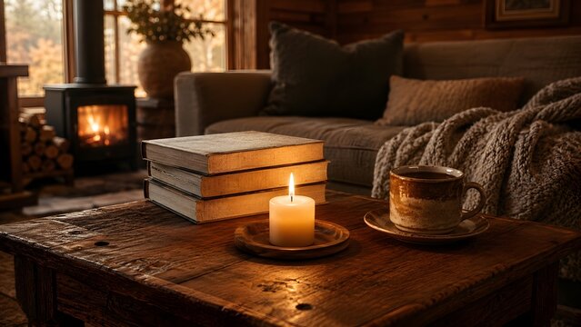 Cozy Living Room Interior With Stack Of Books And Burning Candle By Fireplace