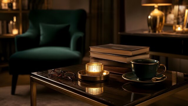 Cozy Luxury Study Room Interior With Books Candle And Teacup On Glass Table