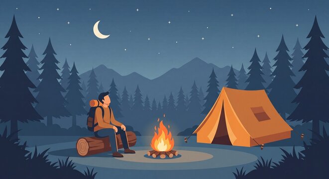 Peaceful outdoor adventure and camping exploration vector illustration of a hiker sitting by a campfire at night with a tent and starry sky