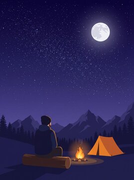 Serene camping adventure and solitude with a lone traveler by campfire under a starry night sky in the mountains illustration