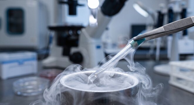 Liquid nitrogen cryogenic smoke pouring over biological sample vial. Close up of scientific cryopreservation process in laboratory. Stem cell freezing and sub-zero. Wide banner, copy space.