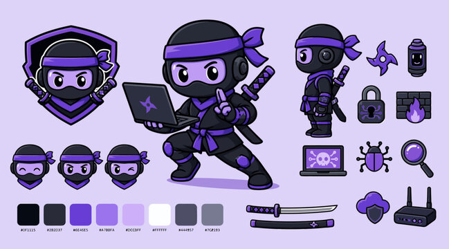 Purple ninja cartoon character set with shinobi tools.