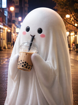 Cute kawaii ghost character drinking bubble boba tea on a city street at night.