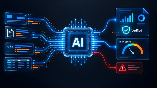 AI processing chip analyzing multiple data streams for fraud detection with risk score and verification indicators