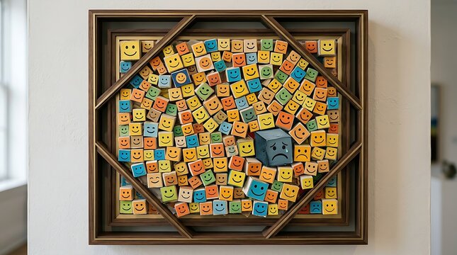 Faces artwork featuring a sad cube amidst happy smileys